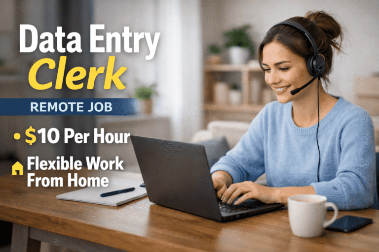 Woman working on laptop from home for a remote data entry clerk job earning $10 per hour with flexible work from home schedule